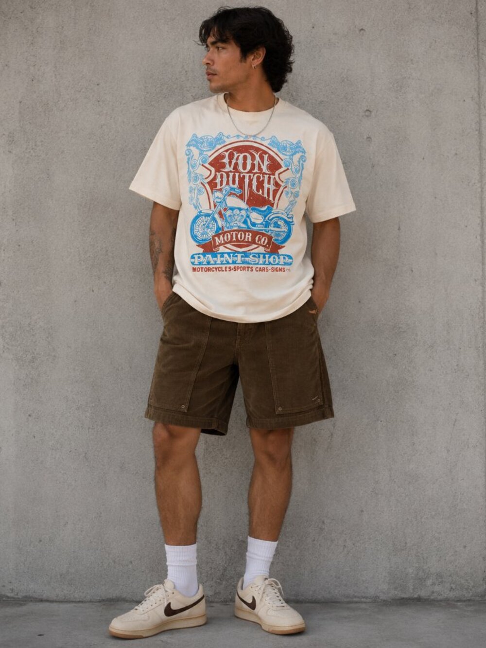 Von Dutch Motor Co Paint Shop Motorcycle Graphic T-Shirt Cream Men’s XL